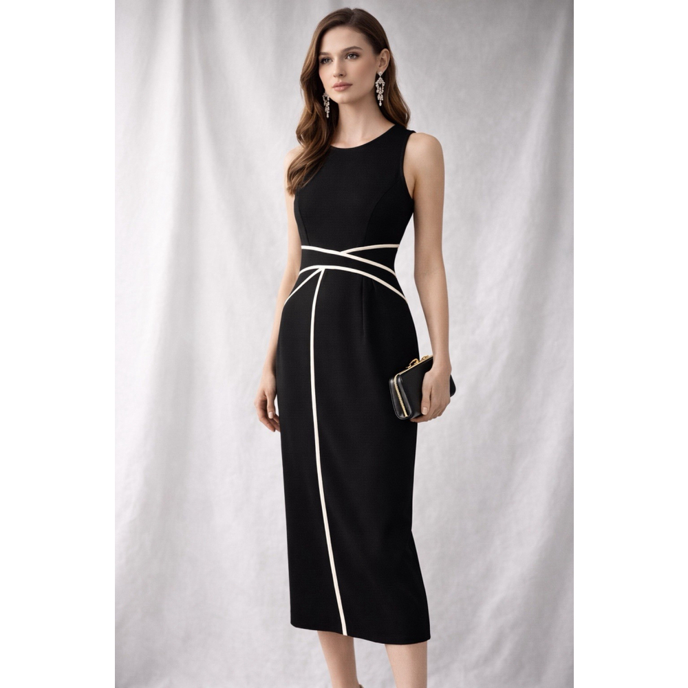 Maeve Anthropologie Black Midi Dress Ivory Trim Sleeveless Minimalist Chic Sz 12